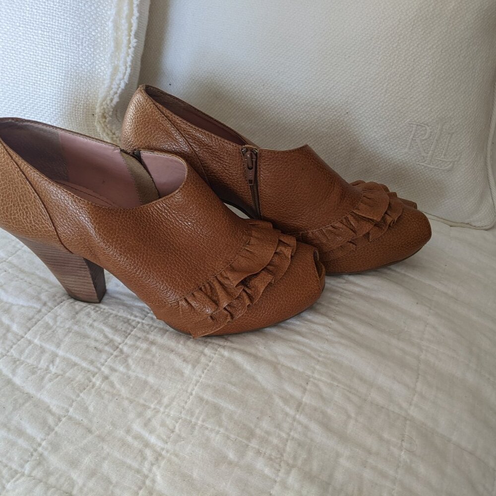 Miss Albright from Anthropologie Caramel Textured Leather Ruffle Peep Toe Heels - Picture 4 of 4